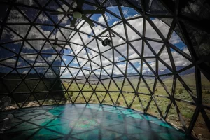 Inside the all-glass Yoga Studio dome at Pure Heart Retreat